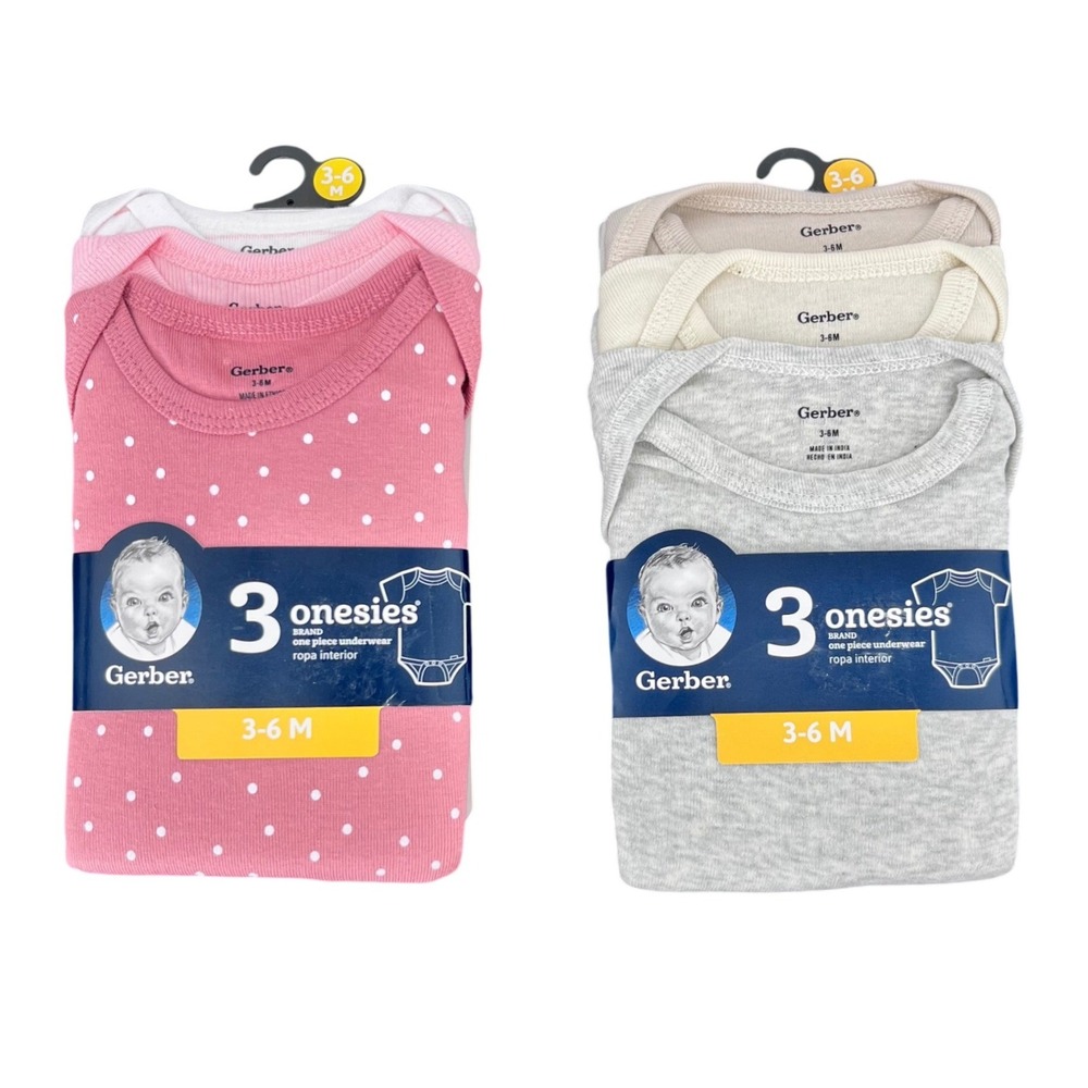 Gerber Onesies Bodysuits Baby 3-6M Pink Grey Taupe Bundle‎ Cotton Short Sleeve